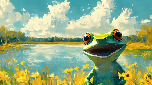 Frog Among Flowers and Lake Scene