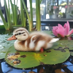 Duckling on Lily Pad amidst Tranquil Pond