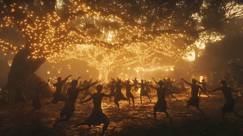 A Group Dancing Under Illuminated Tree