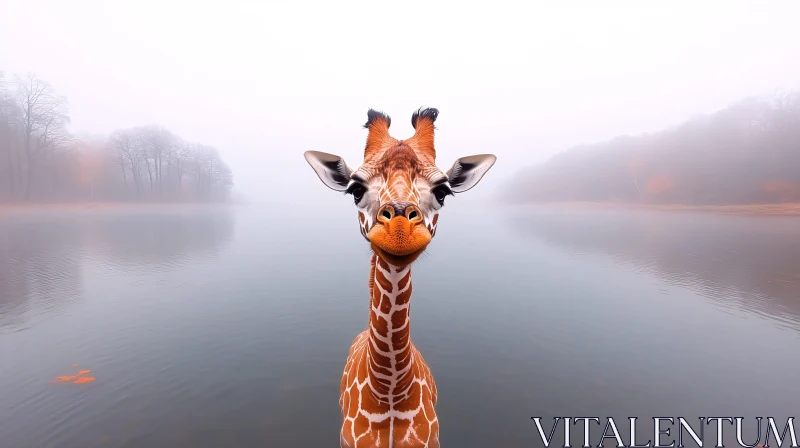 Giraffe and Misty Lake Reflection AI Image