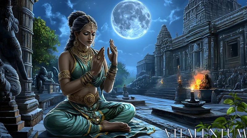 Woman Meditating Under Moonlight at Temple AI Image