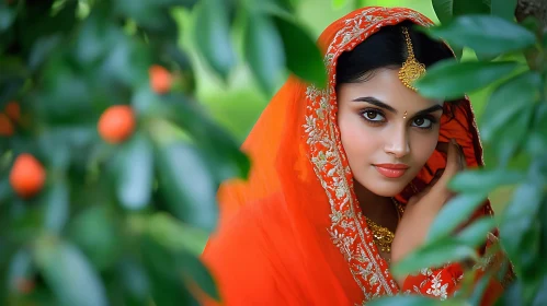 Woman in Orange Saree Behind Green Leaves