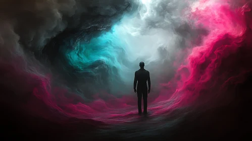 Abstract Silhouette in Pink and Teal Clouds
