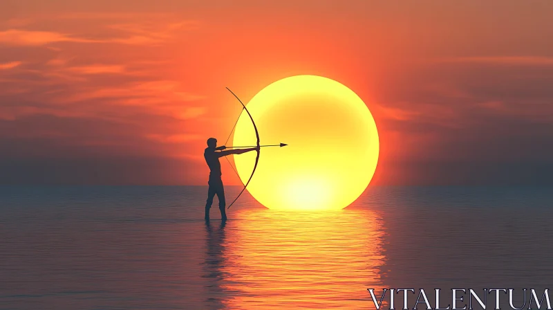 AI ART Silhouette Archer aiming at the Sun