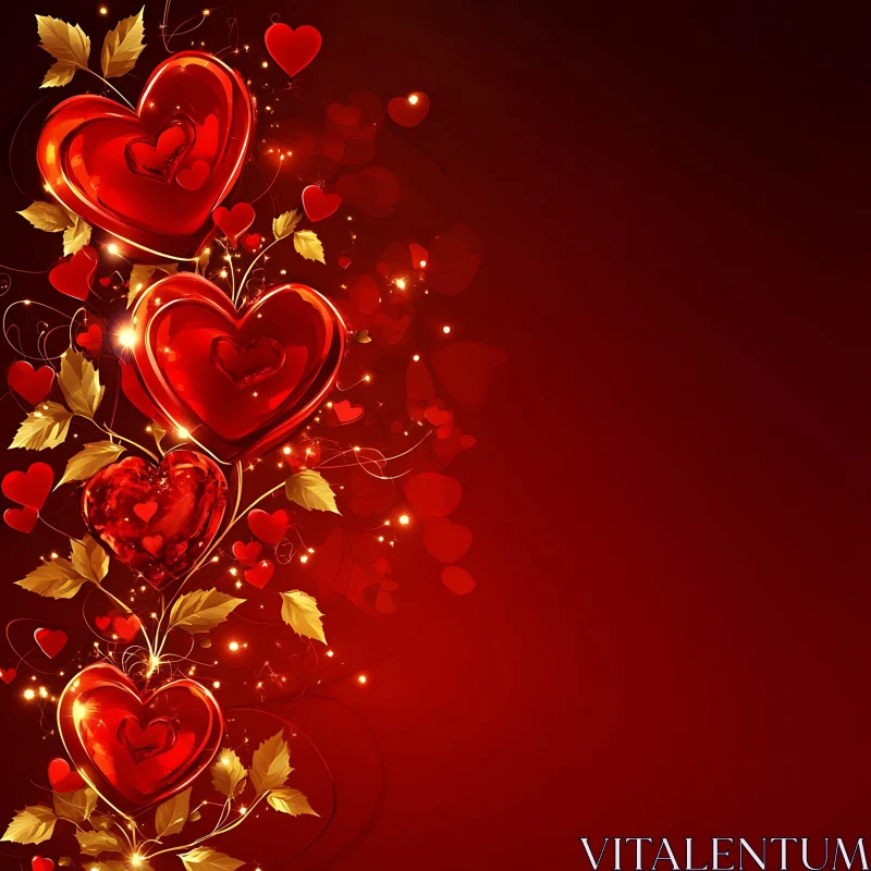 Hearts and Leaves on Red Background AI Image