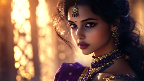 Beautiful Woman in Purple and Gold