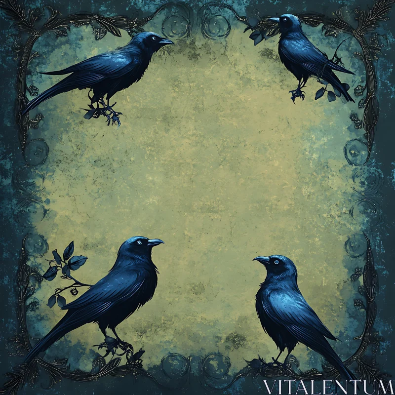 Four Crows in a Vintage Frame AI Image