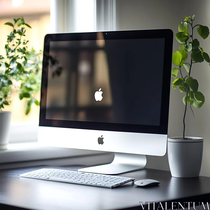 Contemporary Office Setup with Desktop and Plants AI Image