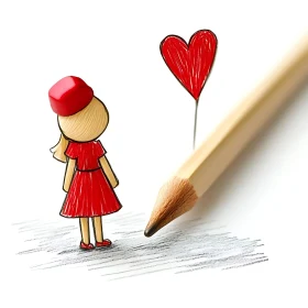 Illustration of Girl with Heart Drawing