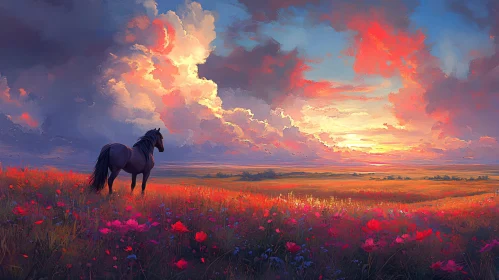 Horse in a Colorful Meadow at Sunset
