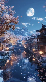 Tranquil Asian River Village at Night