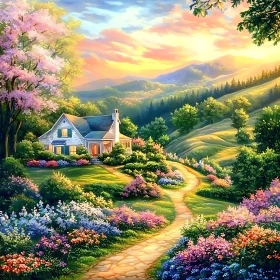 Idyllic Cottage Landscape with Sunset and Flowers