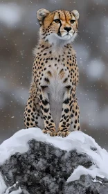 Cheetah on Snow-Covered Rock