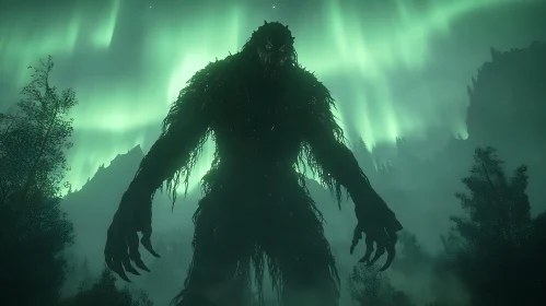 Shadowy Monster in Aurora Landscape