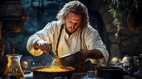 Man Preparing Food in a Rustic Kitchen