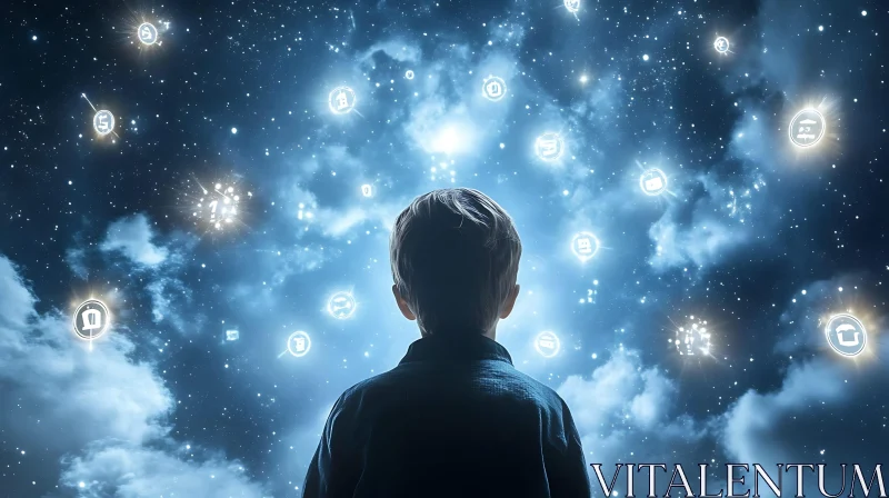 Child Contemplates Starry Sky with Symbols AI Image