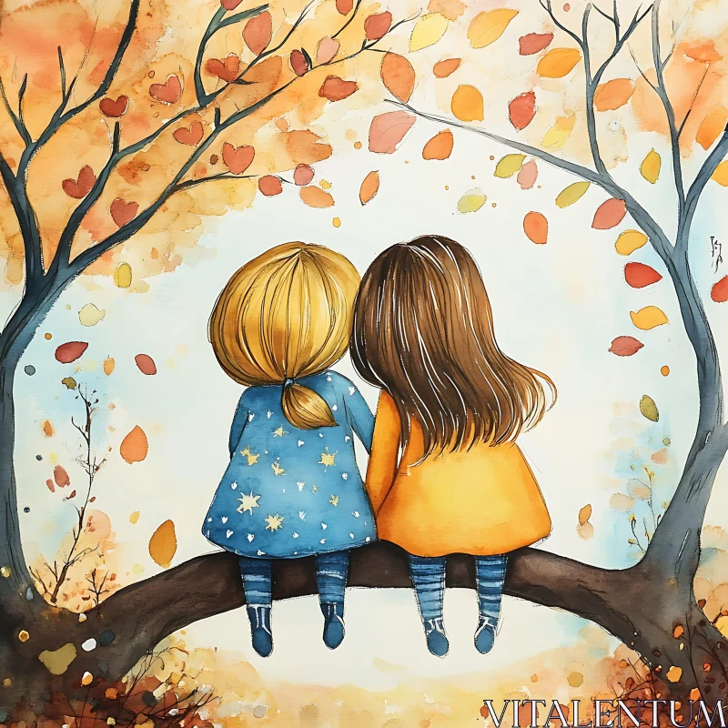 AI ART Watercolor Girls: Autumnal Friendship Scene