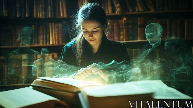 Mystical Reading in the Old Library AI Image