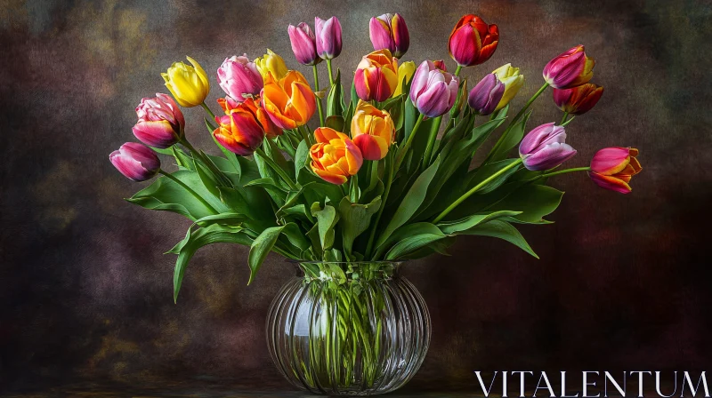 Colorful Tulips in a Clear Vase AI Image