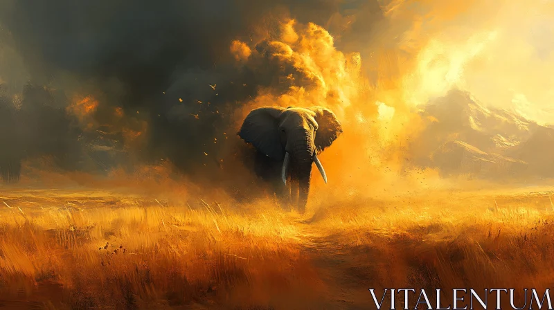 Elephant at Sunset in Savannah AI Image