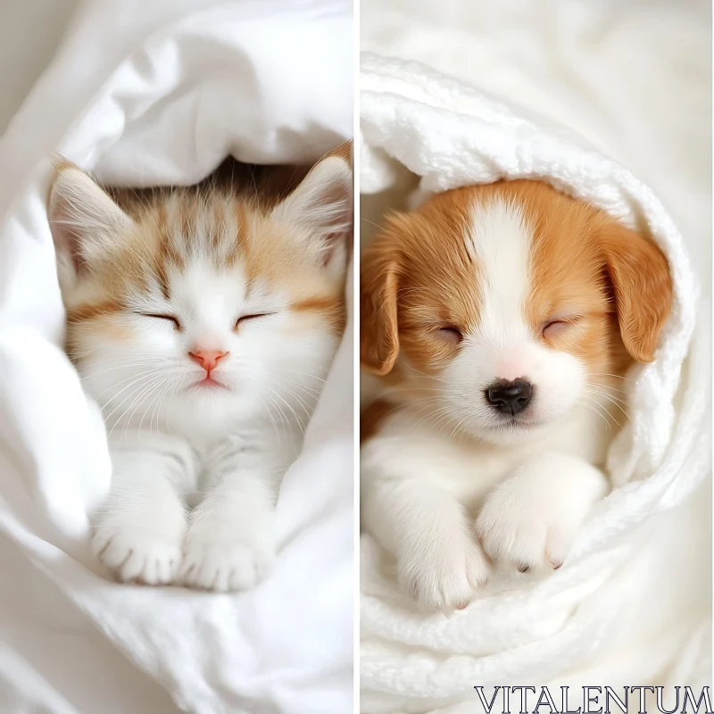 AI ART Cute Kitten and Puppy Sleeping Wrapped in Soft Blankets