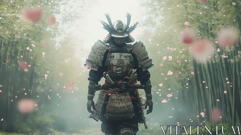 AI ART Armored Samurai Amidst Falling Blossoms