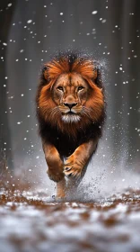 Powerful Lion in Winter Scene