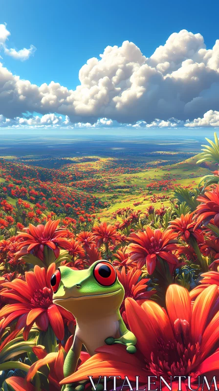 Whimsical Frog Among Vibrant Blooms AI Image