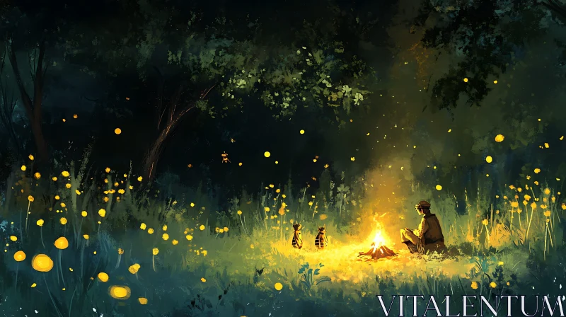 Night Campfire in the Woods AI Image