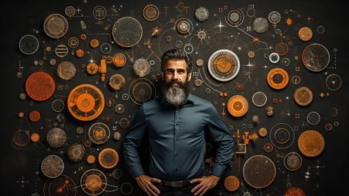 Futuristic Bearded Man Standing in Front of Circular Wall of Coins