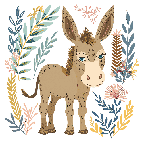 Light Brown Donkey in Floral Setting - Vector Illustration