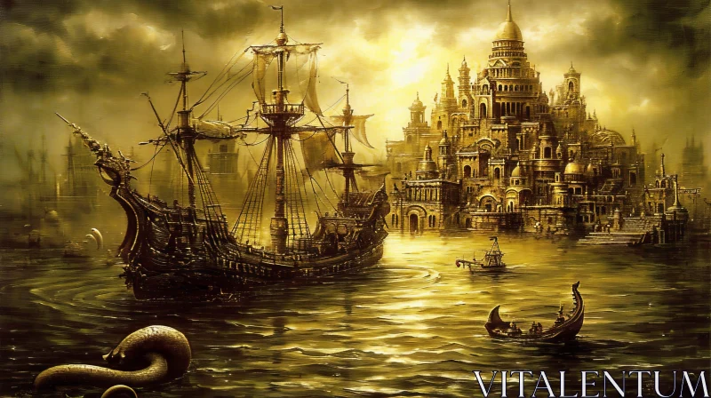 Majestic Harbor Painting with a Dragon Ship | Seascape Art AI Image