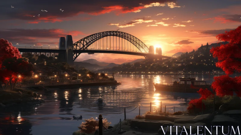 Serene City Sunset with Bridge - Captivating Harbor View AI Image