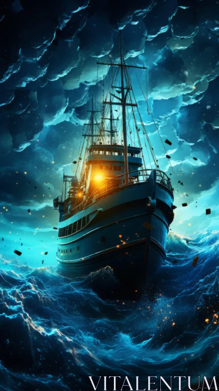 Ship in Stormy Sea - A Captivating Realistic-Surrealistic Artwork AI Image