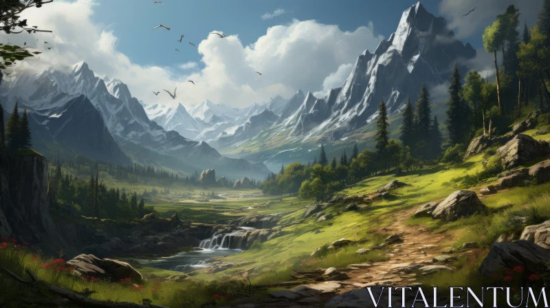 Stylized Mountain Valley - Detailed and Realistic Landscape Artwork AI Image