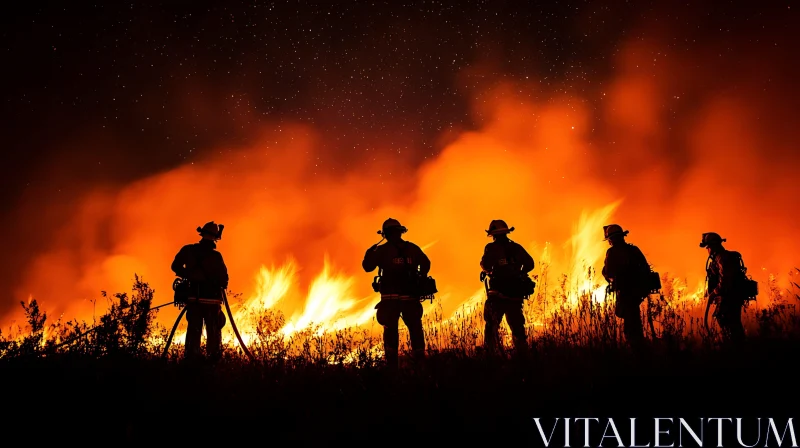 Nighttime Wildfire with Firefighters AI Image