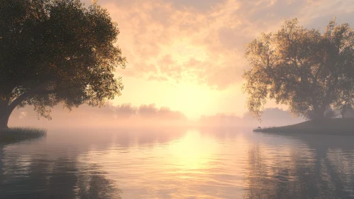 Tranquil Evening by a Misty Lake