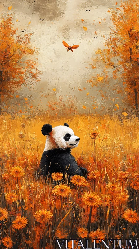 Panda amidst Autumn Blooms AI Image