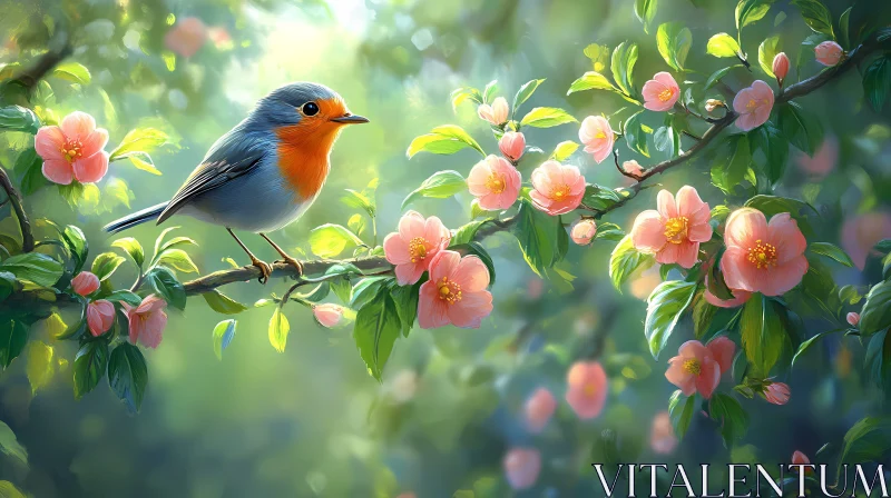 Bird on a Branch Amidst Blossoming Flowers AI Image