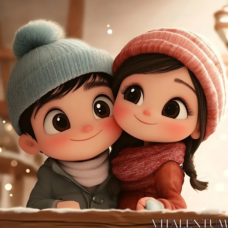 Cartoon Kids Winter Snuggle AI Image