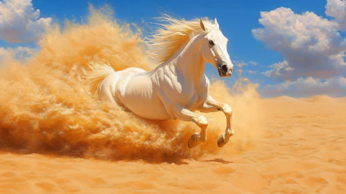 Desert Gallop of a White Stallion