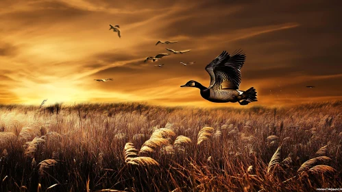 Birds Flying Over Field at Sunset