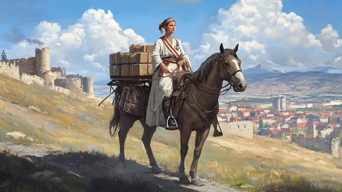 Woman on Horseback Overlooking City