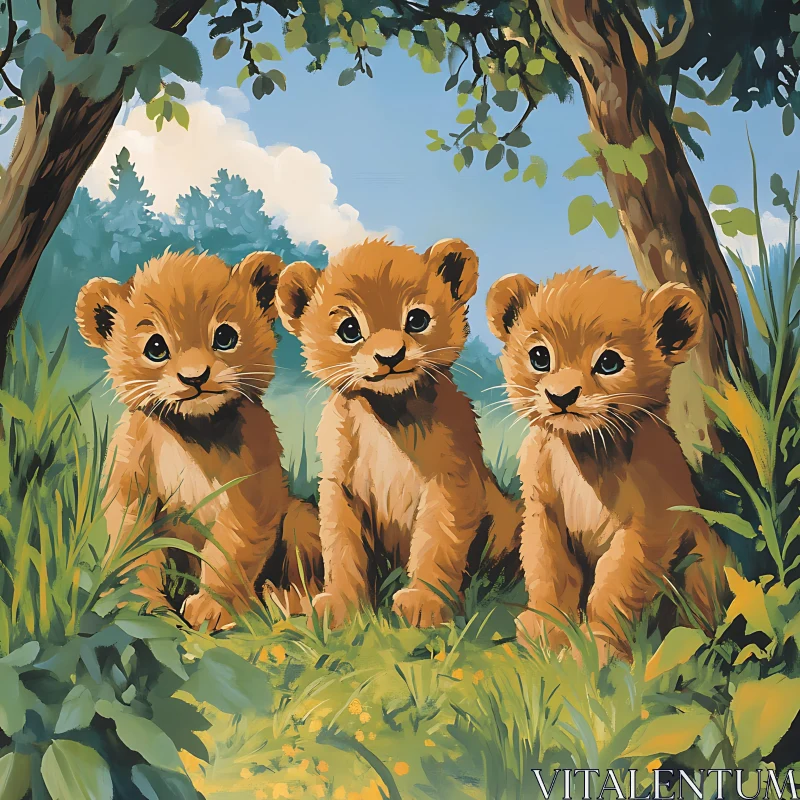 Three Lion Cubs Portrait AI Image