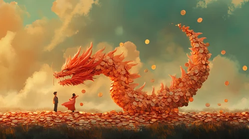 Golden Dragon and Figures Illustration