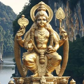 Golden Statue Amidst Misty Mountains