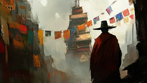 Urban Scene with Cloaked Figure and Banners