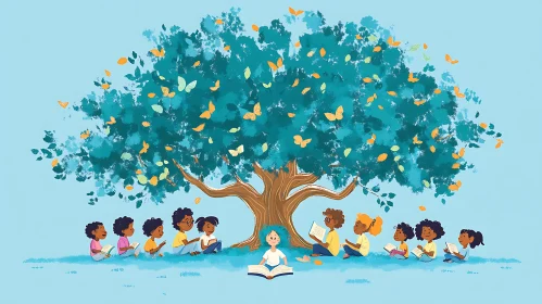 Kids Enjoying Books Under Magical Tree