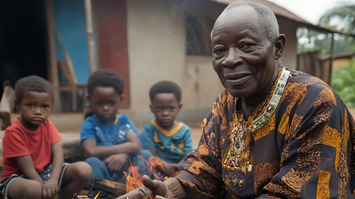 African Elder with Children by Fire