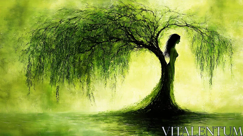 AI ART Green Willow and Woman Silhouette